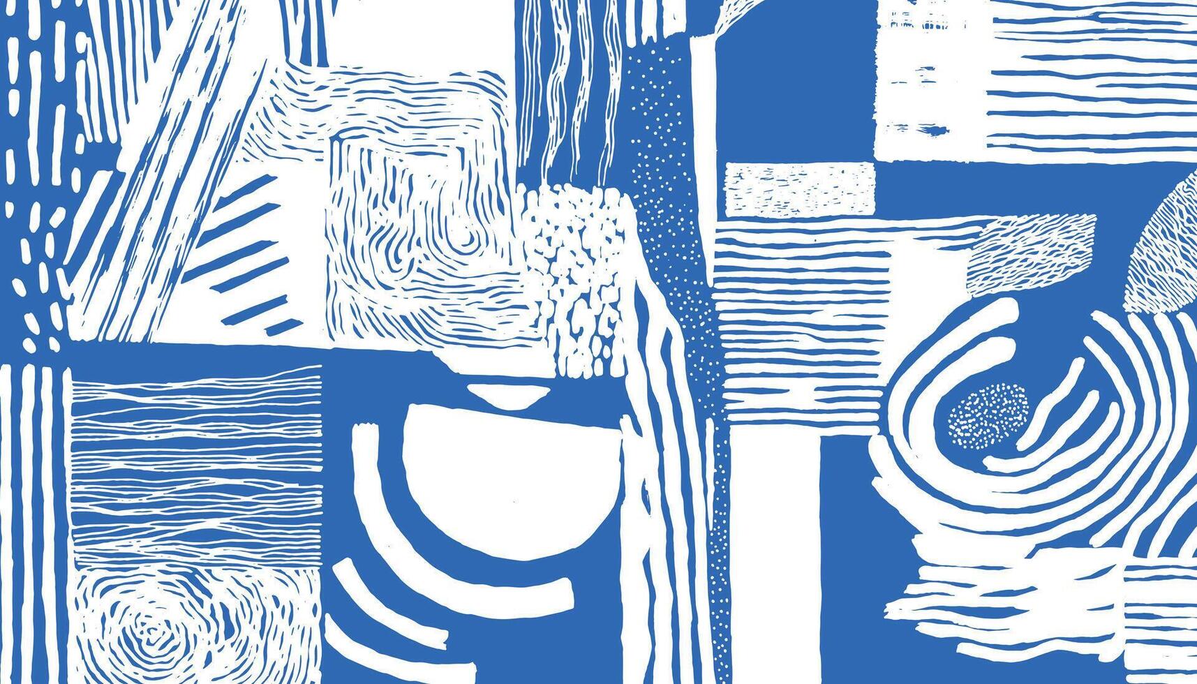 A bold and expressive pattern featuring hand drawn lines, organic shapes, and textured dots in striking cobalt blue and white. Ideal for modern textile, wallpaper, or graphic design use. vector
