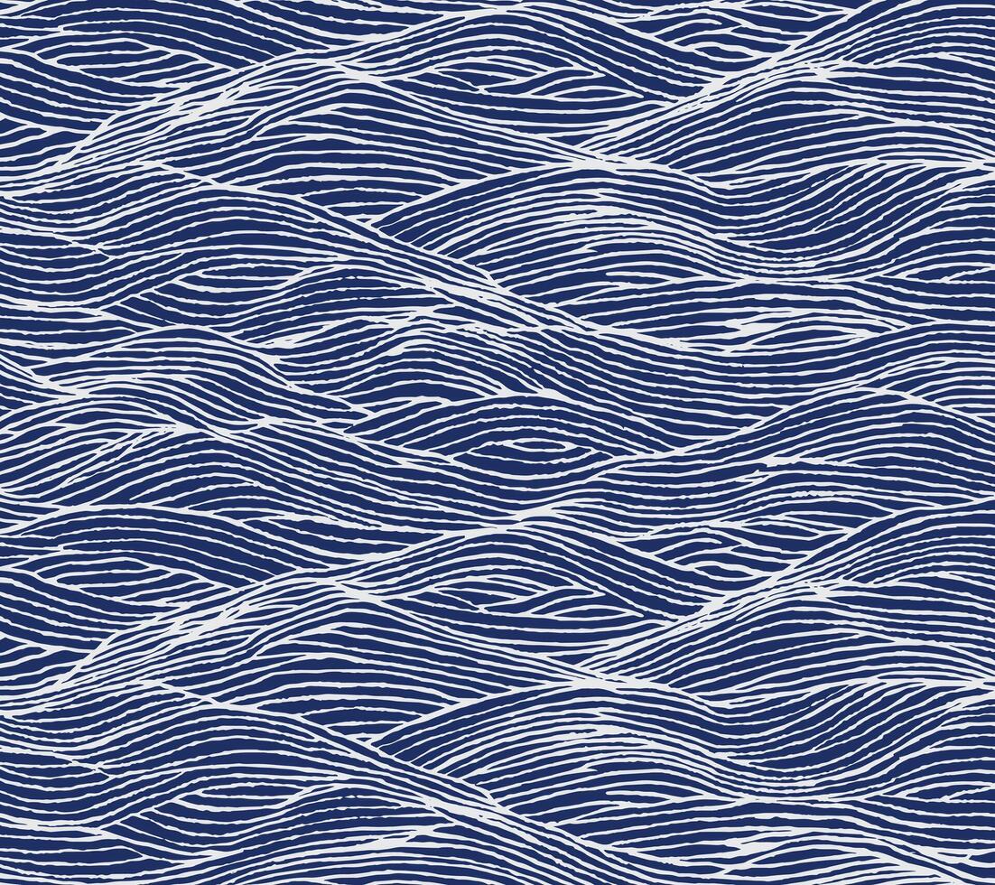 An intricate hand drawn brush lines ocean pattern, flowing with meditative rhythm. Inspired by the contours of water and waves, it captures the serenity and movement of the sea in deep navy ink. vector