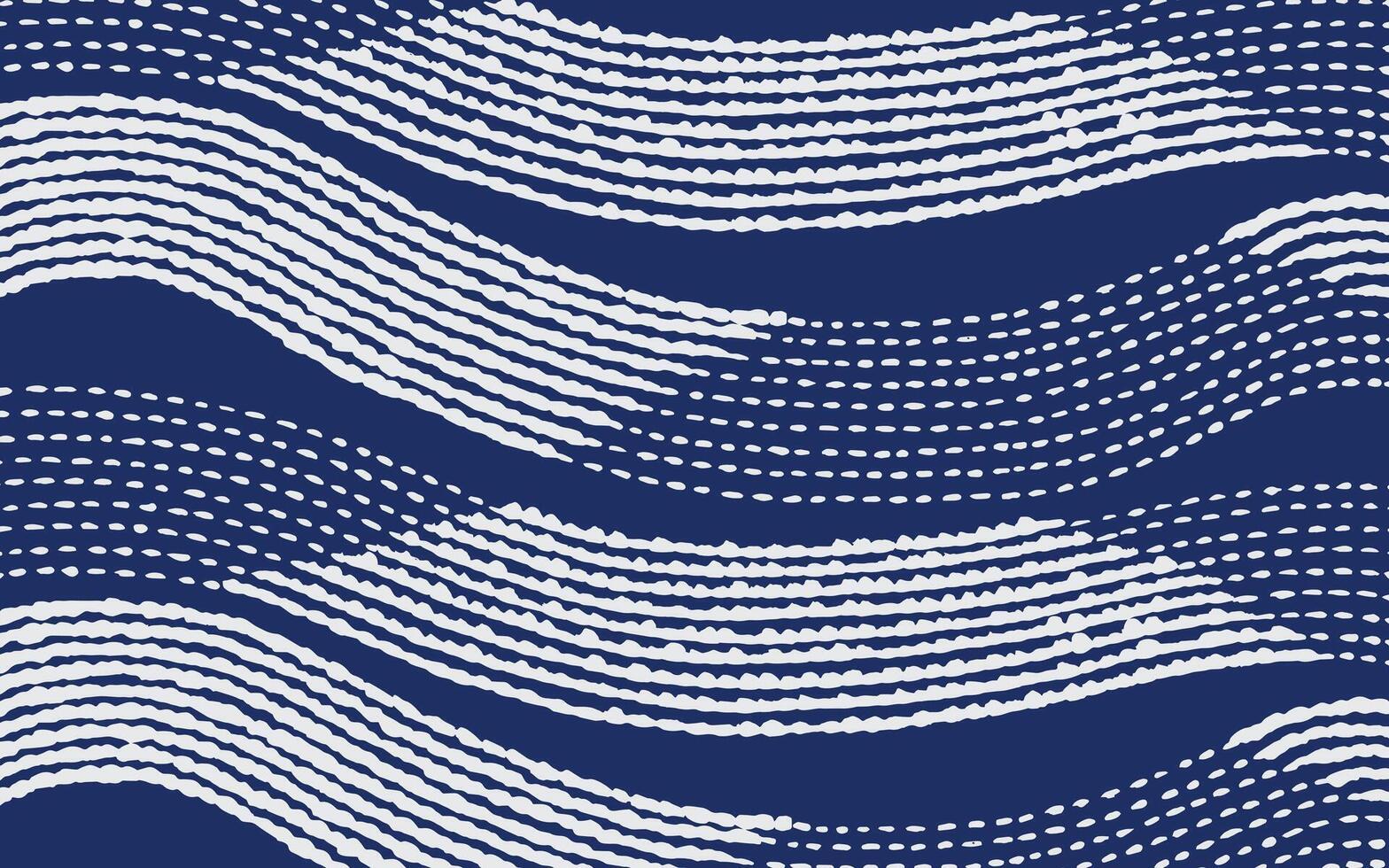 Hand drawn brush lines abstract wavy stripes pattern in white and blue, Japanese and ethnic texture hand paint dash lines, simple wave and water graphic for textile, carpet, design project vector