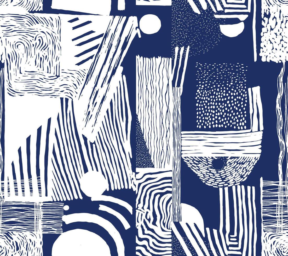 A seamless collage of hand-drawn textures, bold lines, dots, and geometric shapes. Evokes a rhythmic, tribal-modern aesthetic with natural and artisanal elements vector