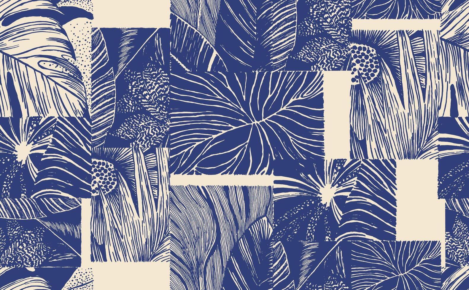 Artistic hand drawn foliage collage featuring tropical leaves seamless pattern, organic textures, and intricate linework. Bold indigo on cream evokes a vintage botanical print feel vector