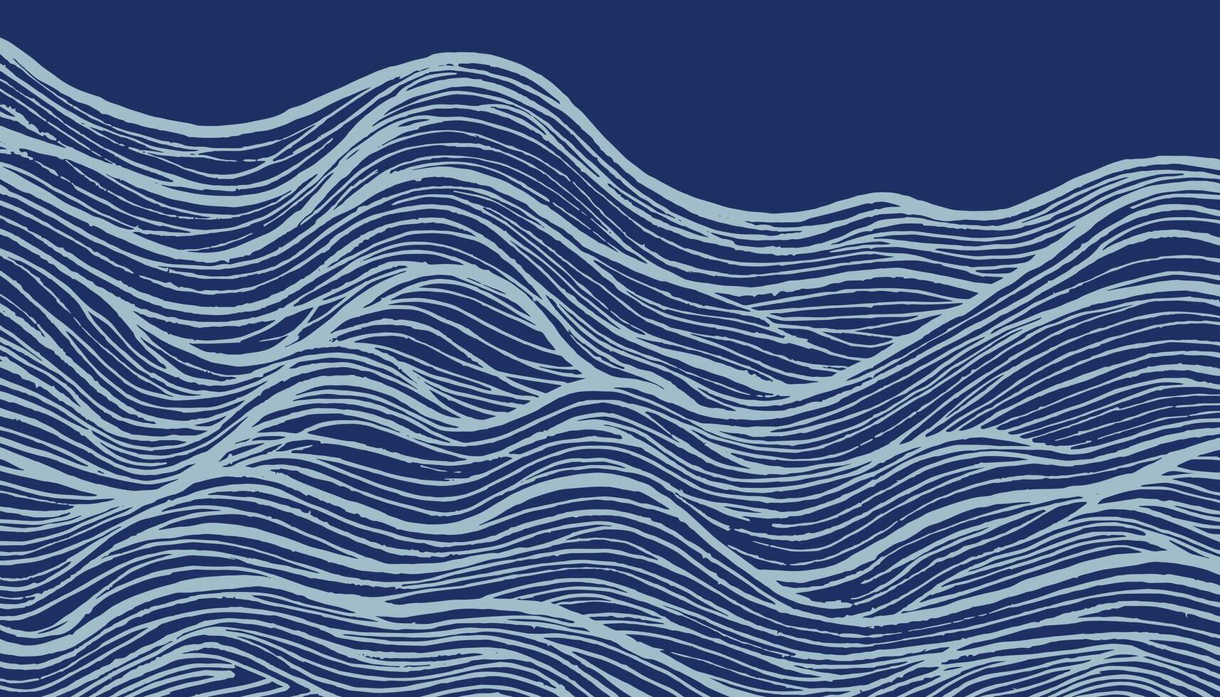 Hand drawn brush line abstract monochromatic blue of flowing wave and water pattern, Japanese and ethnic wood carving, block print imperfect texture background, calm and simple graphic vector