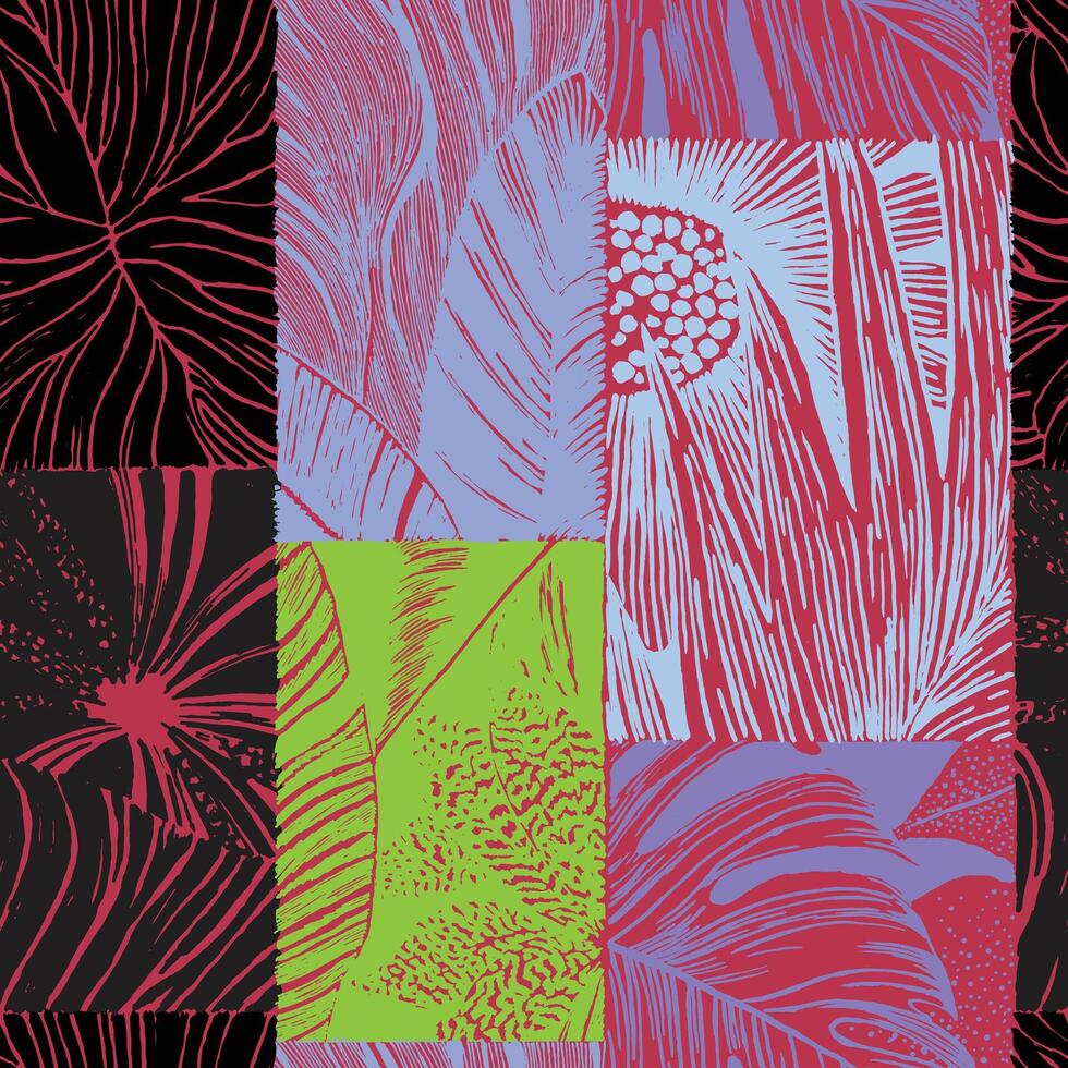 Vibrant seamless foliage pattern combining hand-drawn tropical leaves with bold pop colors. A modern collage that fuses nature with graphic energy and street style vector