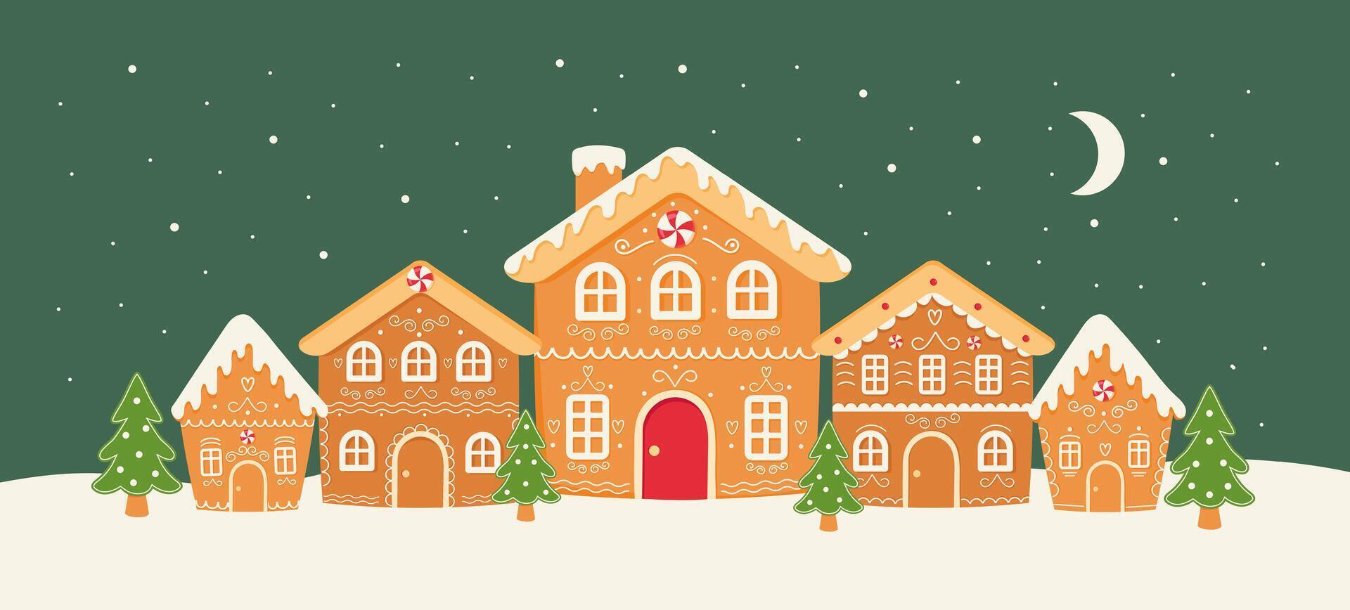 Horizontal poster with gingerbread houses, christmas trees, moon, snow. Design for banner, invitation, card. vector