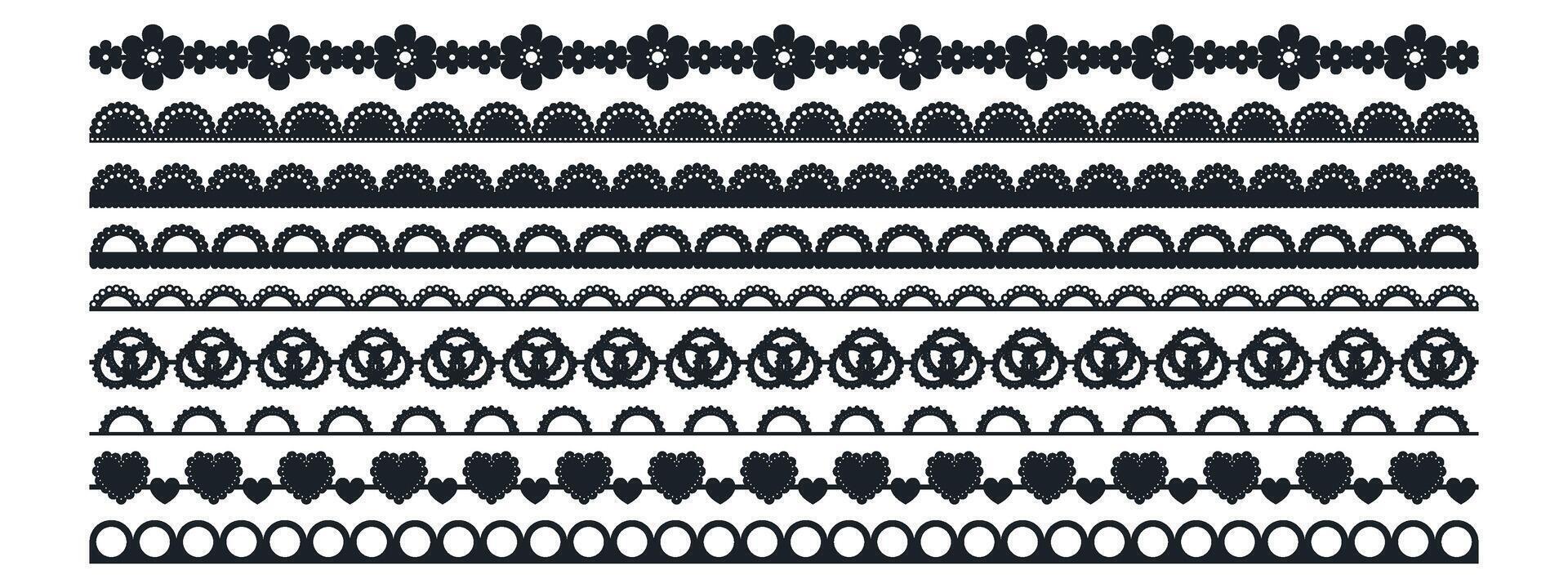 Lace border with scallop edge for traditional trim and vintage pattern. frame or crochet embroidery design for card and invitation with ribbon or stripe. vector