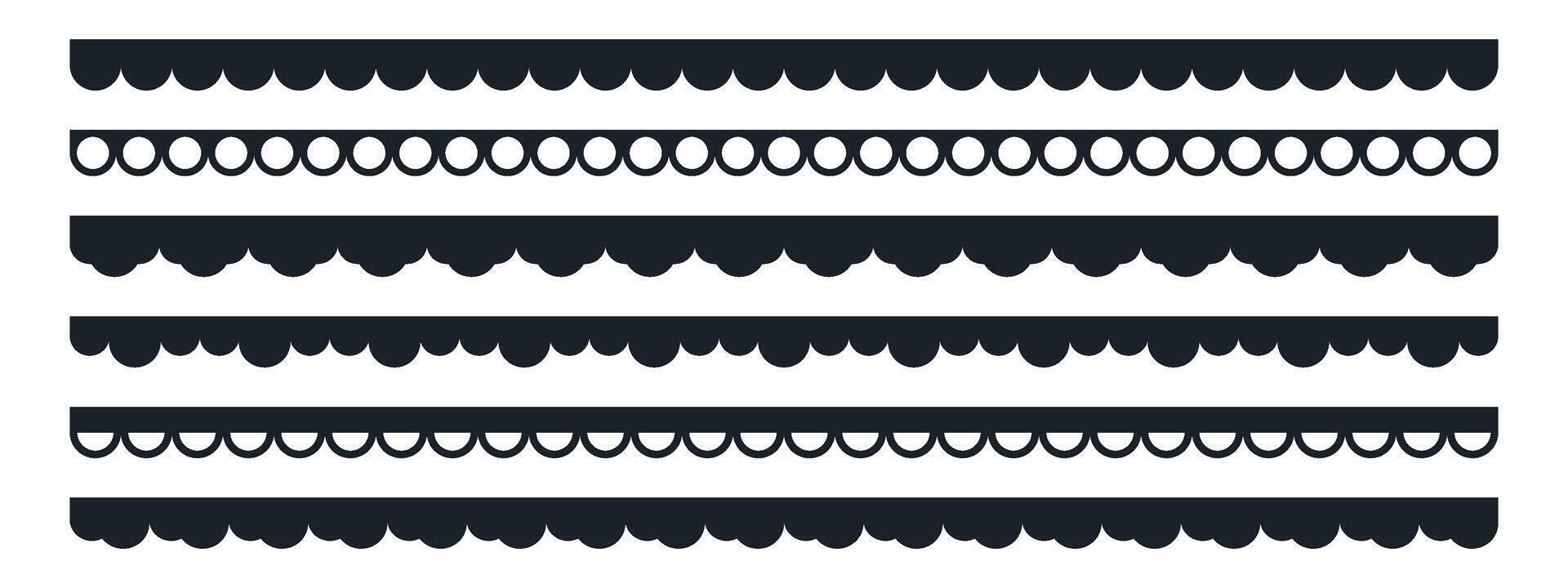 trim with scallop lace border and embroidery edge for frame or stripe. Simple geometric pattern for card or paper. Set of decoration dividers. vector