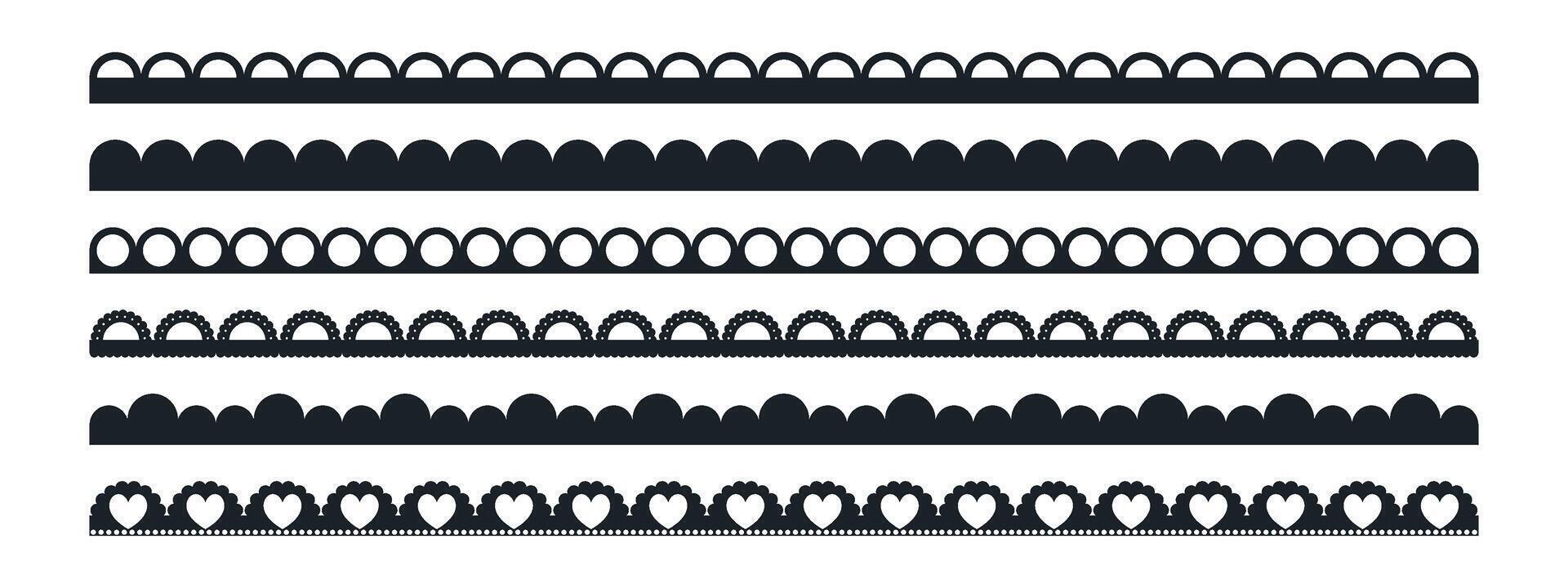 Lace border with scallop edge and pattern trim for frame or crochet embroidery. Black design on white background. Seamless traditional divider. vector