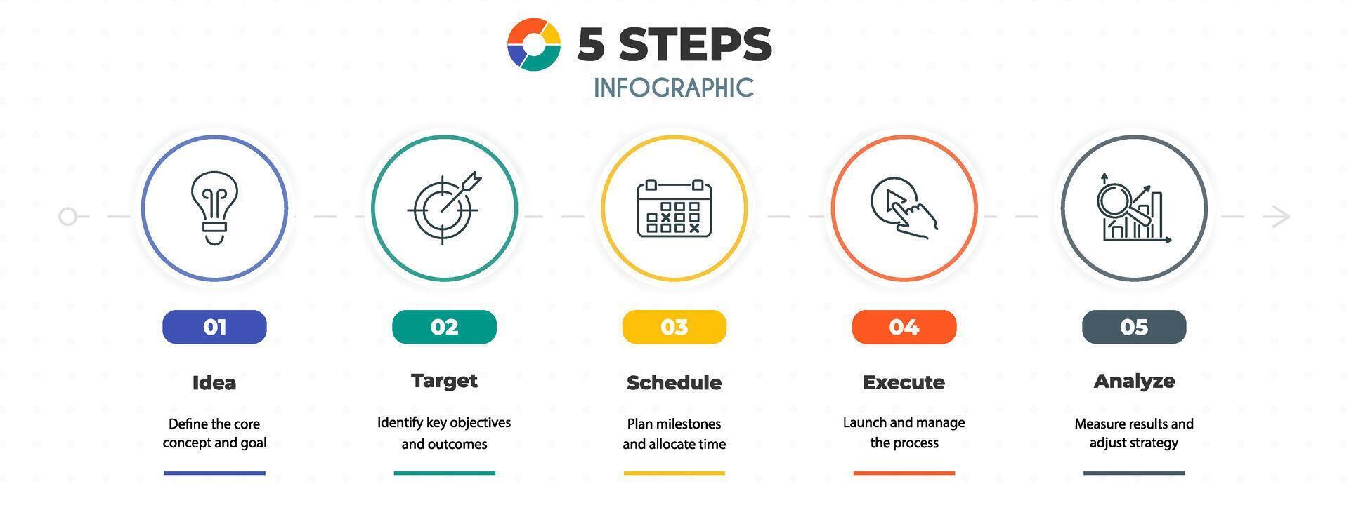 Five step chart or diagram template with icon layout for business process and presentation. Creative infograph element for modern info flow vector