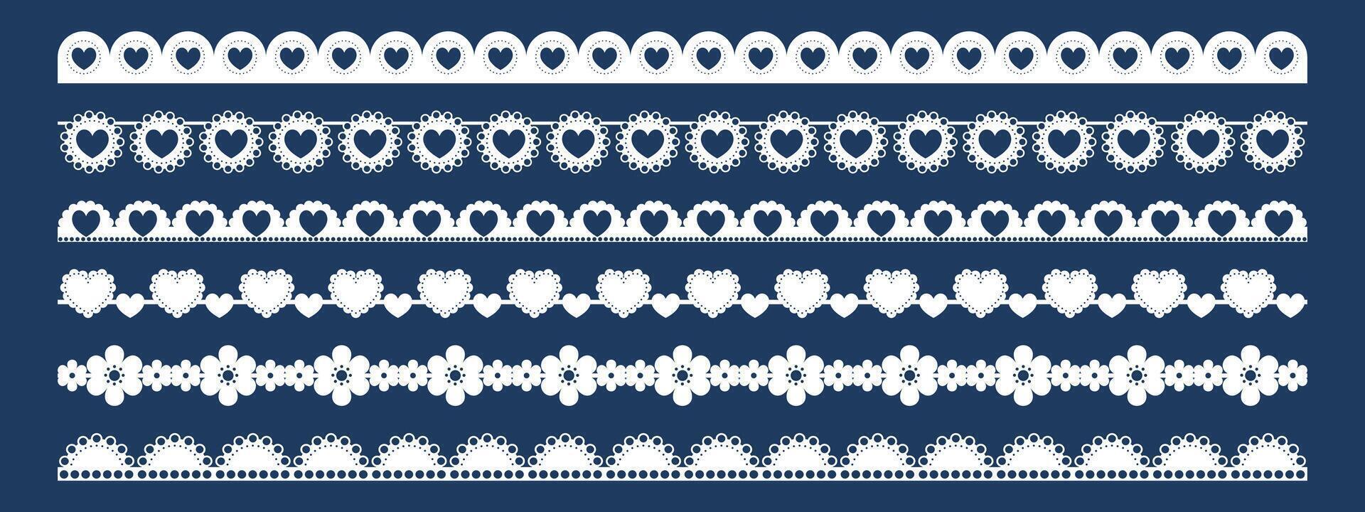 Scallop lace border with edge trim pattern for frame and crochet embroidery. White ornament on dark blue. Classic decorative style. vector