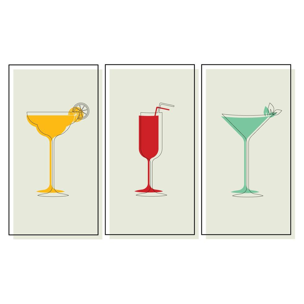 Three rectangular cocktail glasses with a slice of lemon, a straw and a mint leaf. vector