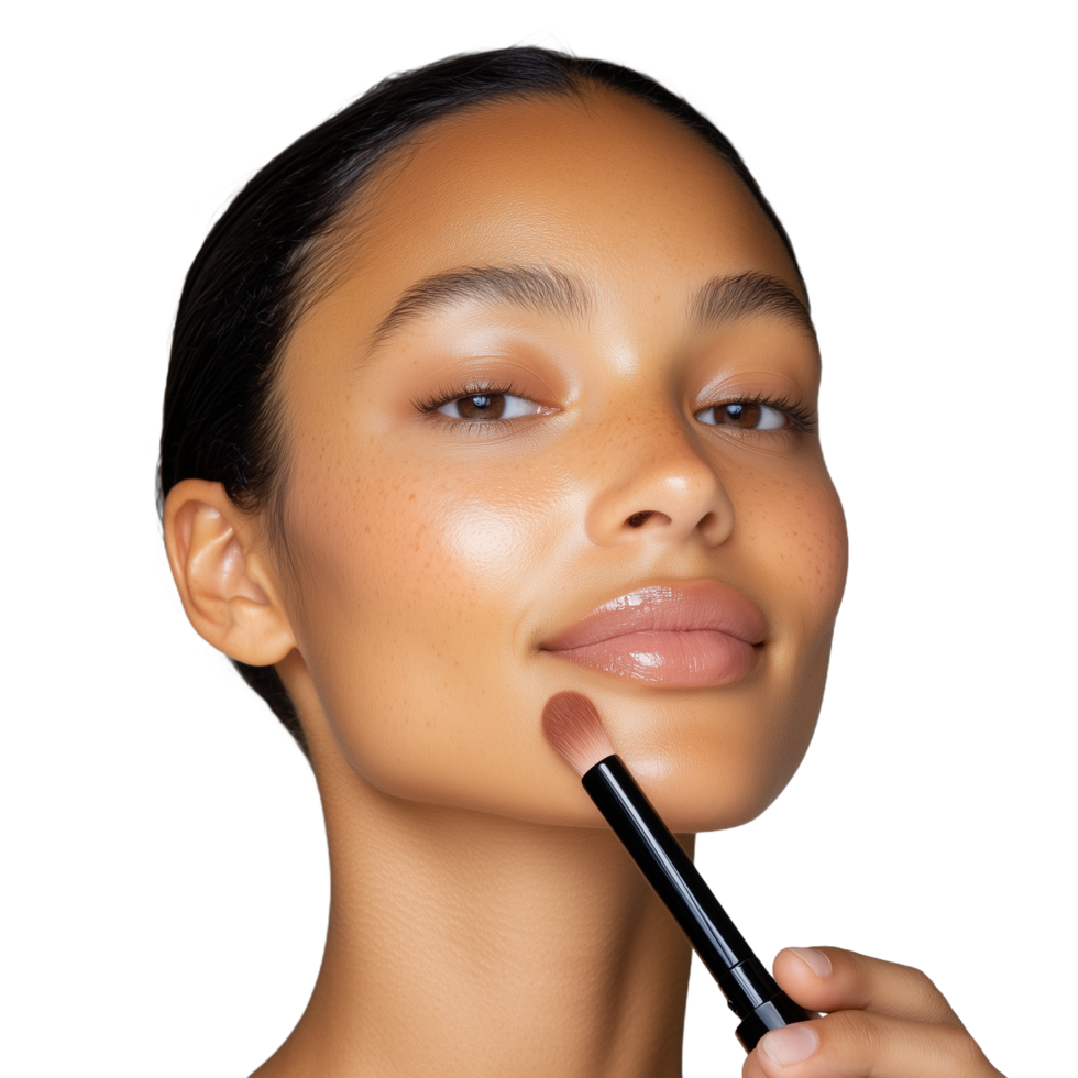 Woman applying makeup with brush on transparent background illustrating skincare and beauty routine png
