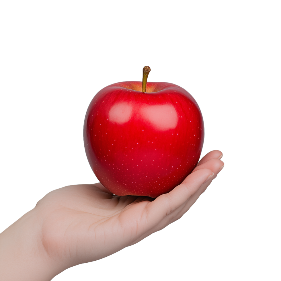 Hand holding a fresh red apple on a transparent background representing health, nutrition, and freshness for dietary concepts and food industry imagery. png