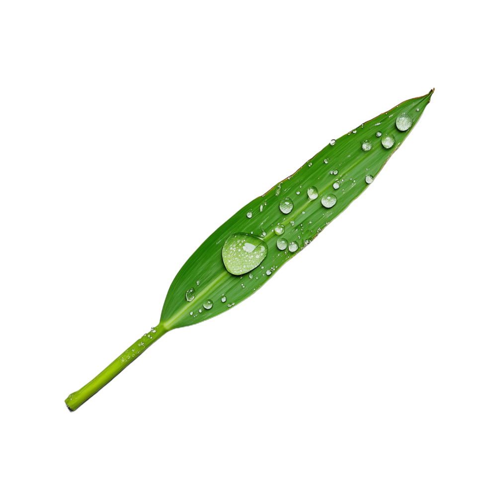 Close-up of a green leaf with raindrops on a transparent background, showcasing nature's delicate details and freshness png