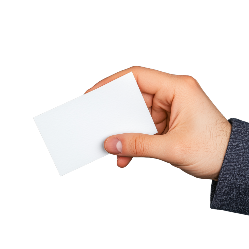 Close-up of a hand holding a blank business card with a transparent background. Ideal for branding, marketing, corporate identity, and business presentation concepts. png