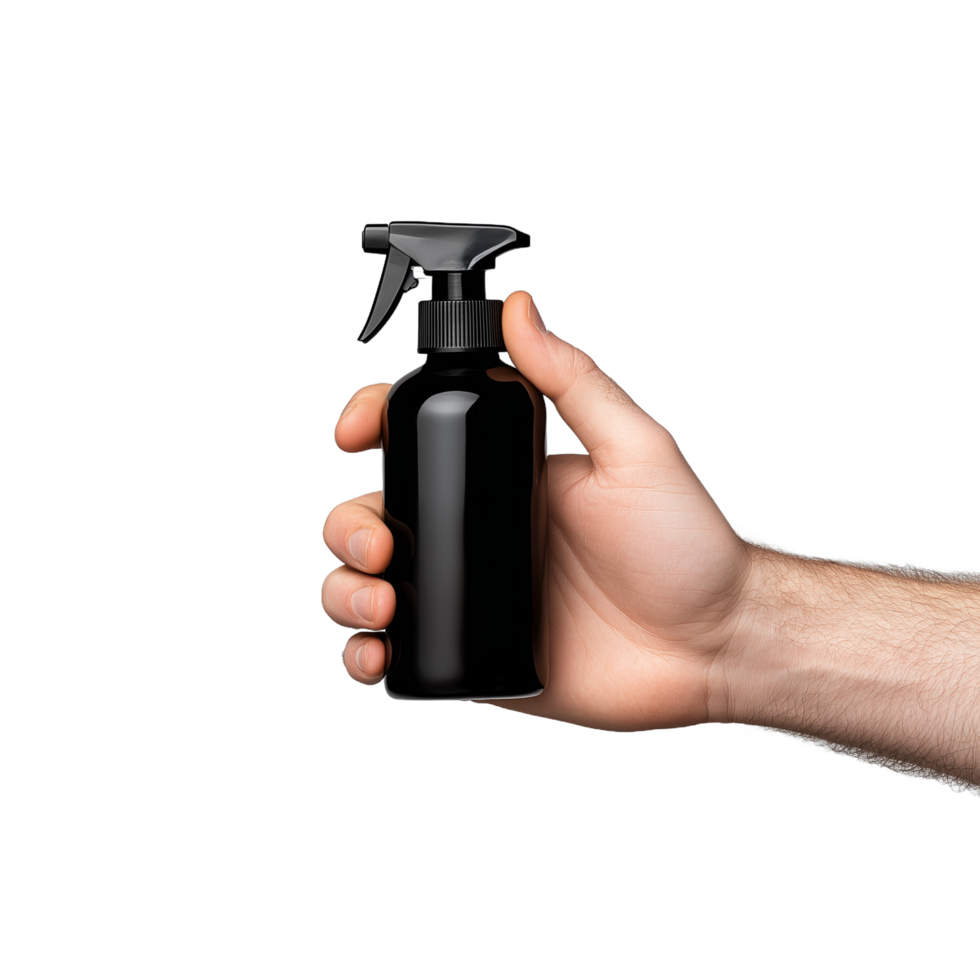 Close-up of a hand holding a black spray bottle on a transparent background png