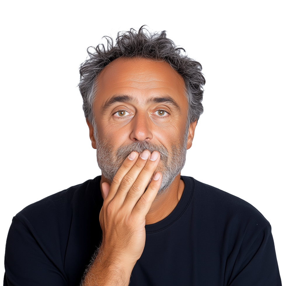 Portrait of thoughtful man with hand covering mouth on transparent background, wearing casual black shirt, displaying curiosity and contemplation png