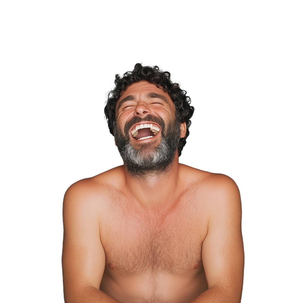 A joyful man with curly hair and beard laughing heartily on a transparent background, capturing a moment of pure happiness and freedom. png