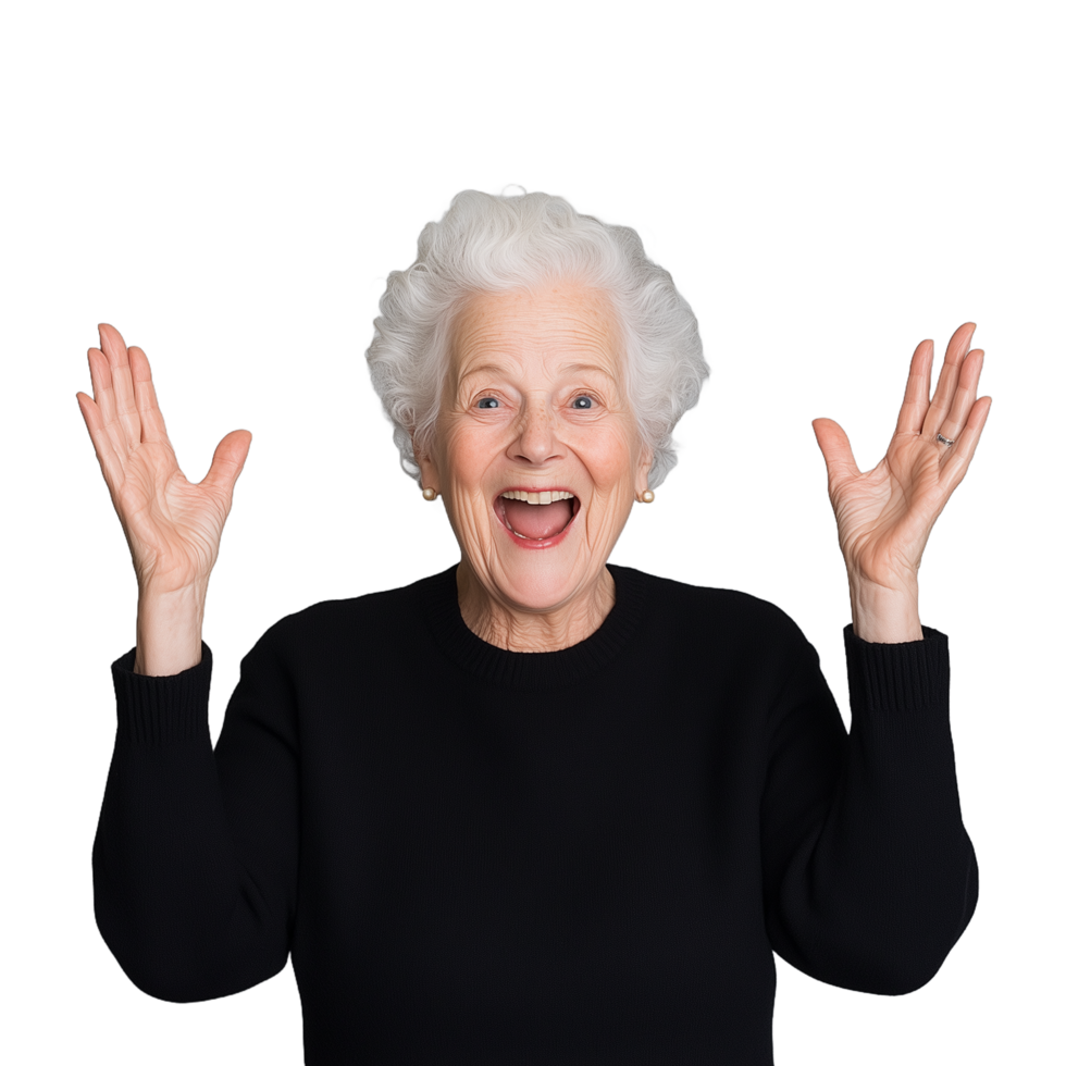 Joyful elderly woman expressing excitement and happiness with raised hands on a transparent background png