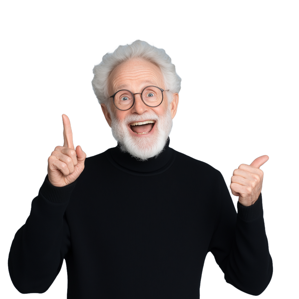 Joyful elderly man in black sweater gesturing excitement with thumbs up on transparent background png