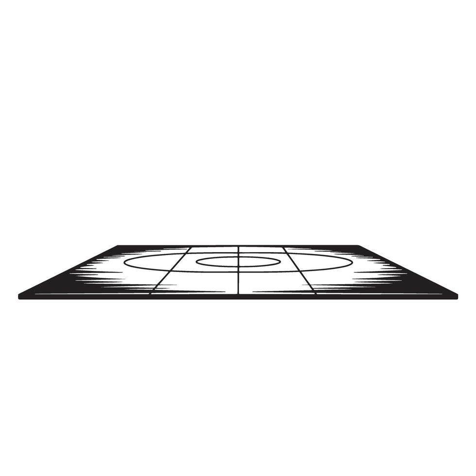 Monochrome illustration depicting a perspective view of a curling ice sheet for sports purposes vector