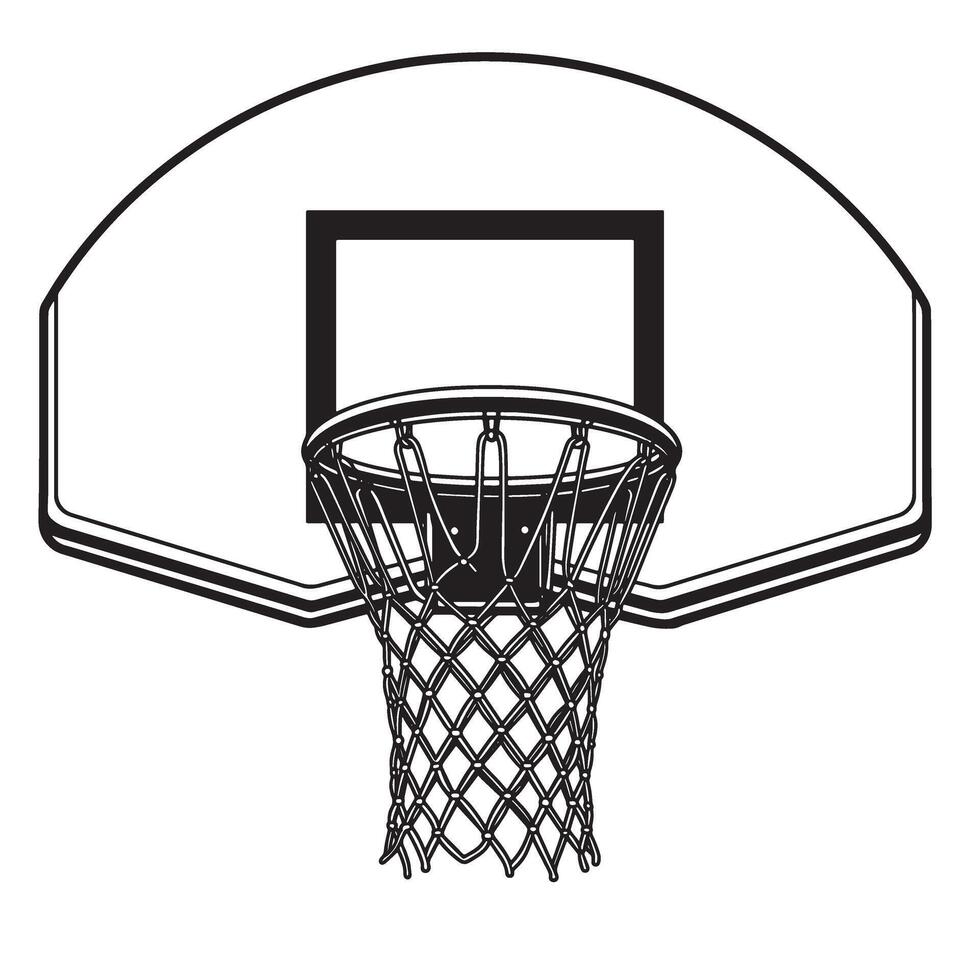 Simple black and white illustration of a basketball hoop with net for sports or games vector