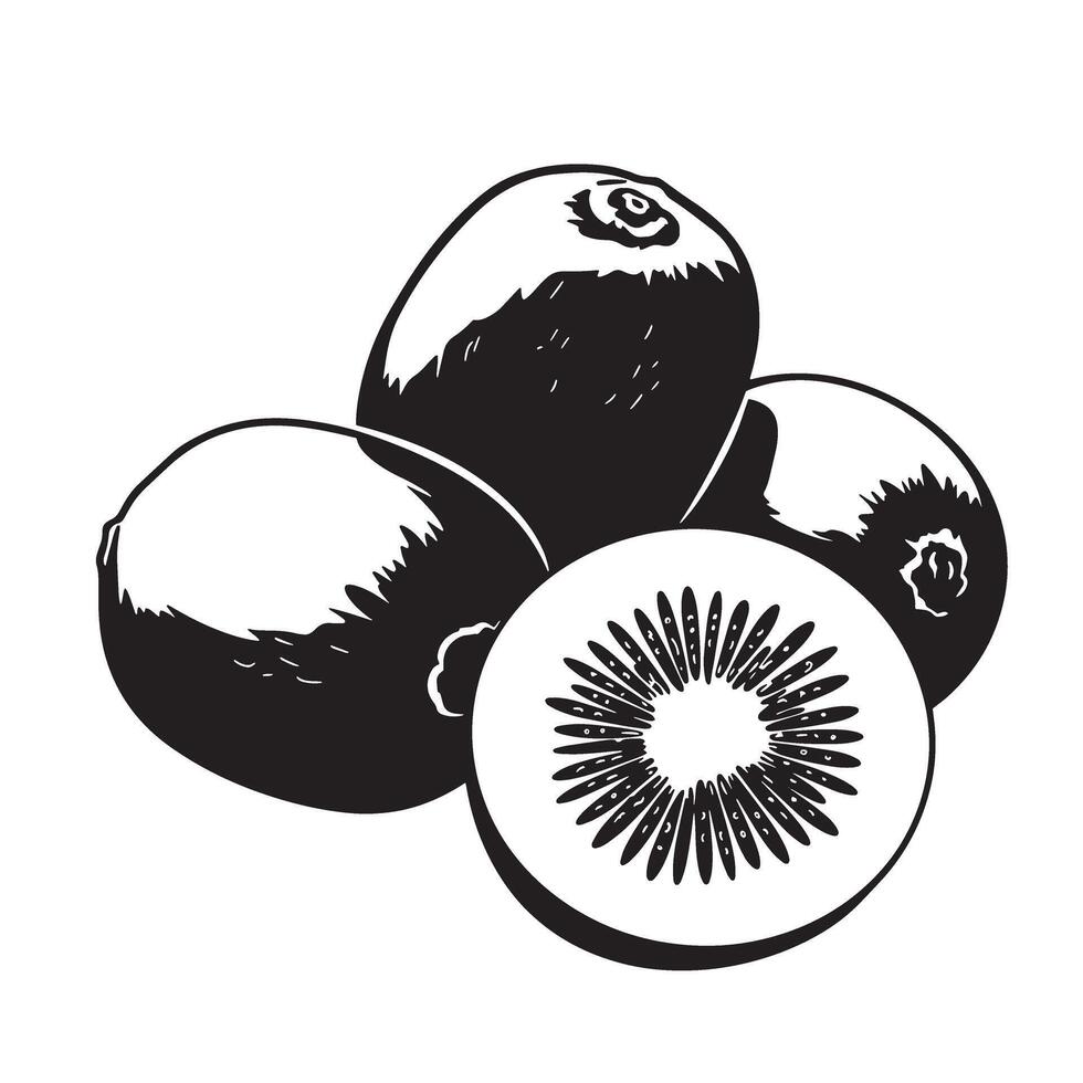 Whole and sliced kiwi fruits black and white vector