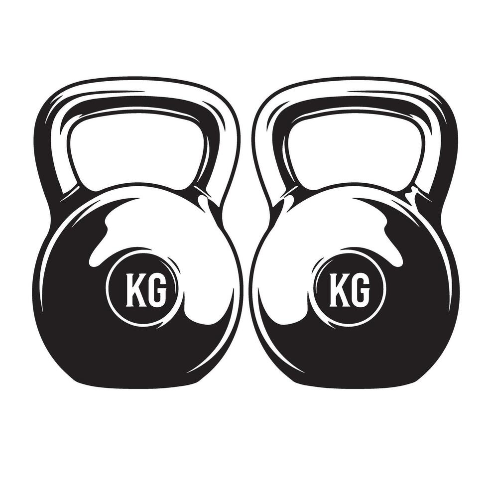 Illustration of two black kettlebells with kg markings for strength training and fitness vector