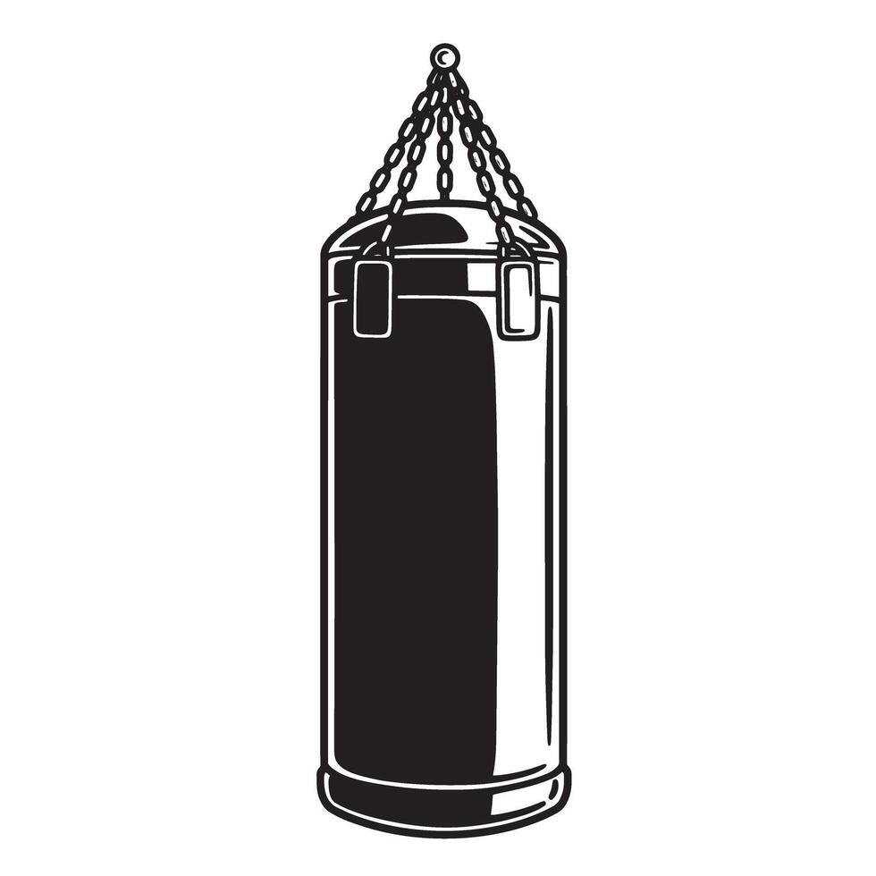 Black and white line art illustration of a hanging boxing punching bag for fitness vector