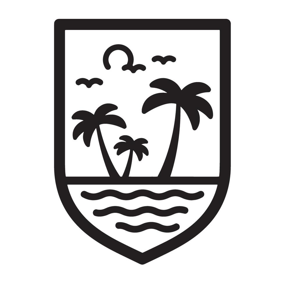 Black and white tropical crest featuring palm trees sun and ocean waves vector