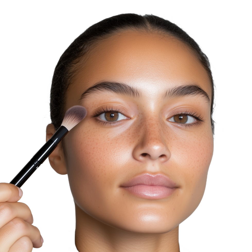 Close-up of a young woman applying makeup with a brush on a transparent background, highlighting natural beauty and skincare routine png