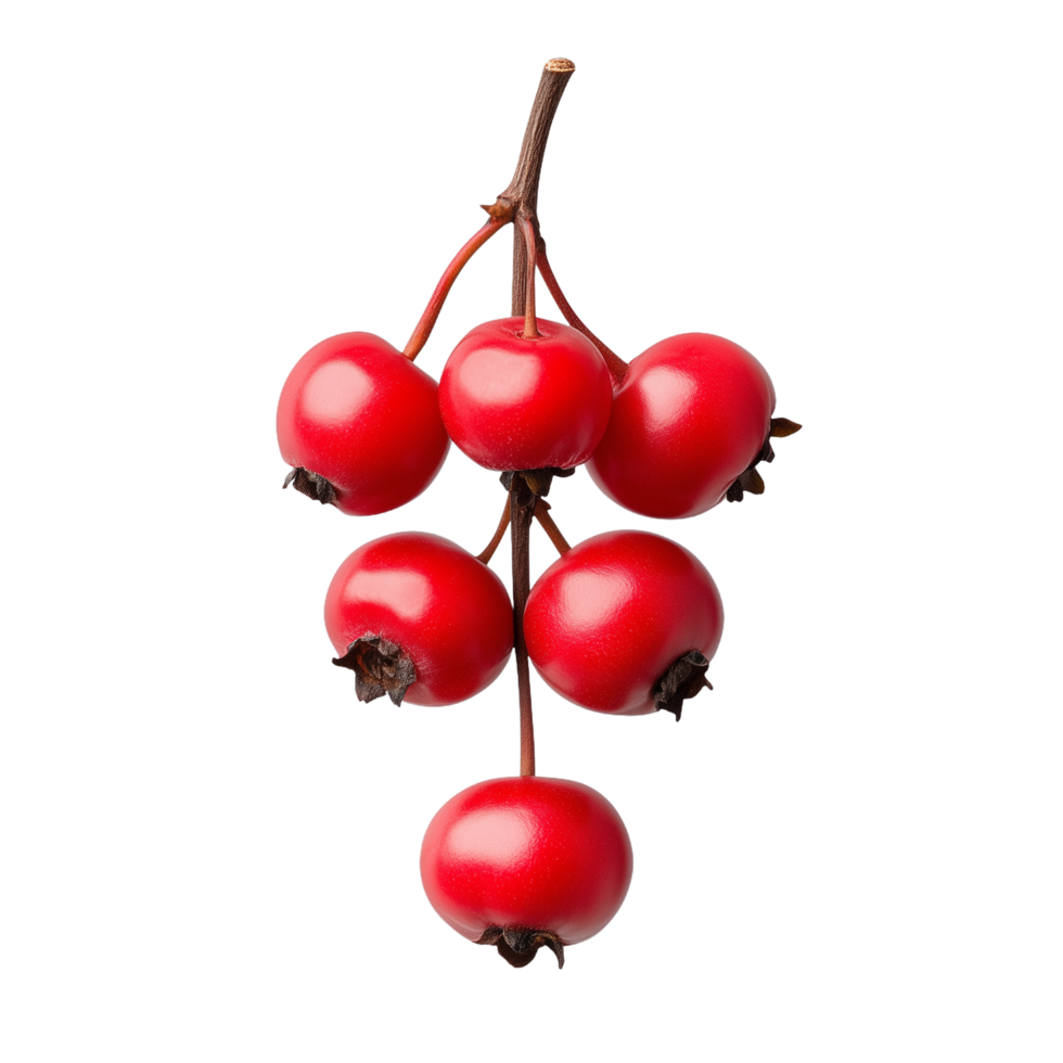 Bright red hawthorn berries on a thin stem against a transparent background, showcasing fresh and natural produce for culinary and health-related uses. png