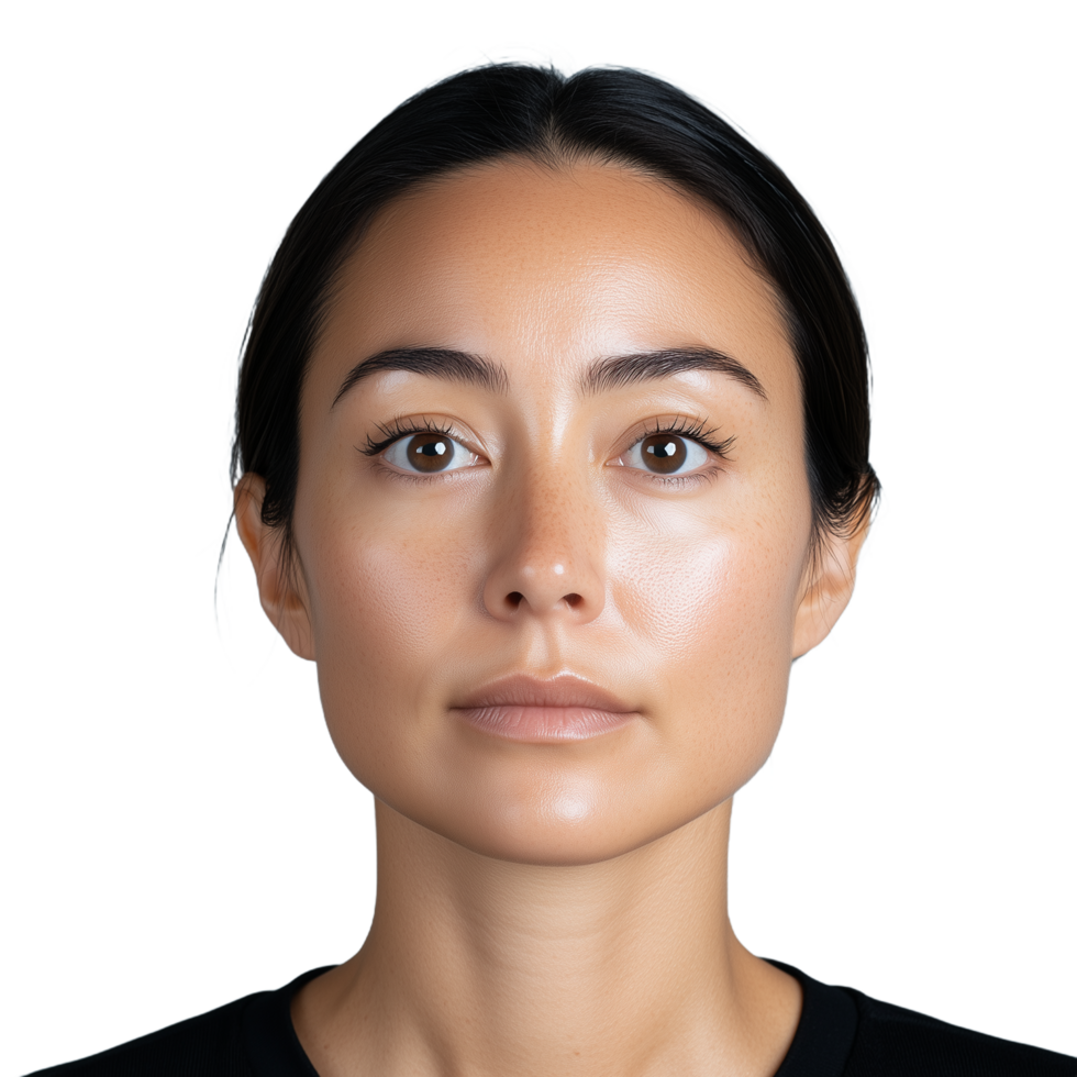 Portrait of a woman with clear skin and natural beauty on a transparent background featuring serene expression png