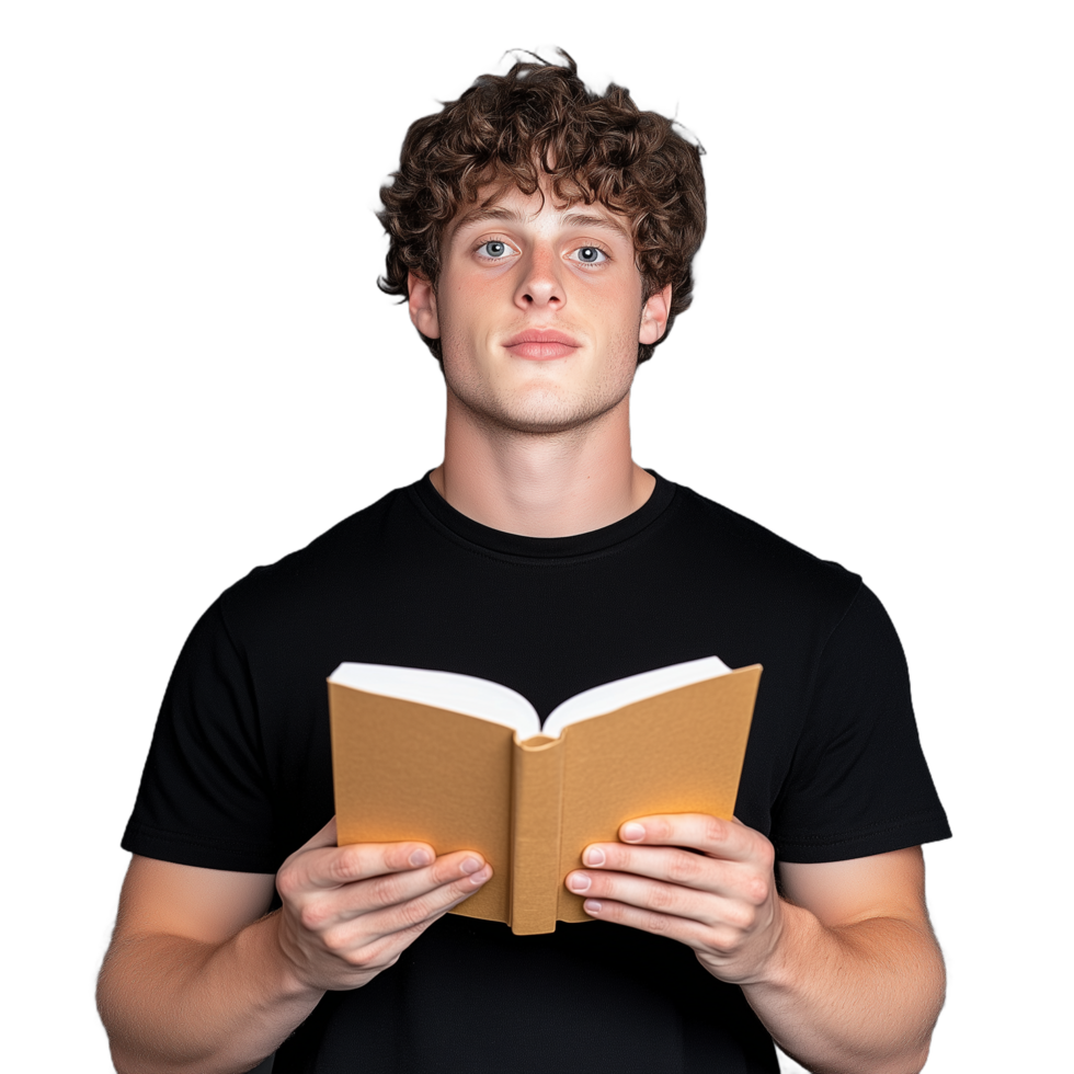 Young man reading a book with a focused expression on transparent background, capturing a thoughtful and intellectual mood png