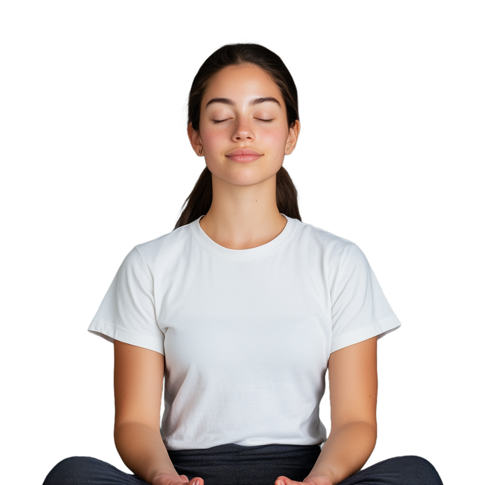 Young woman meditating peacefully with closed eyes in a relaxed posture on a transparent background for mindfulness and tranquility concepts png