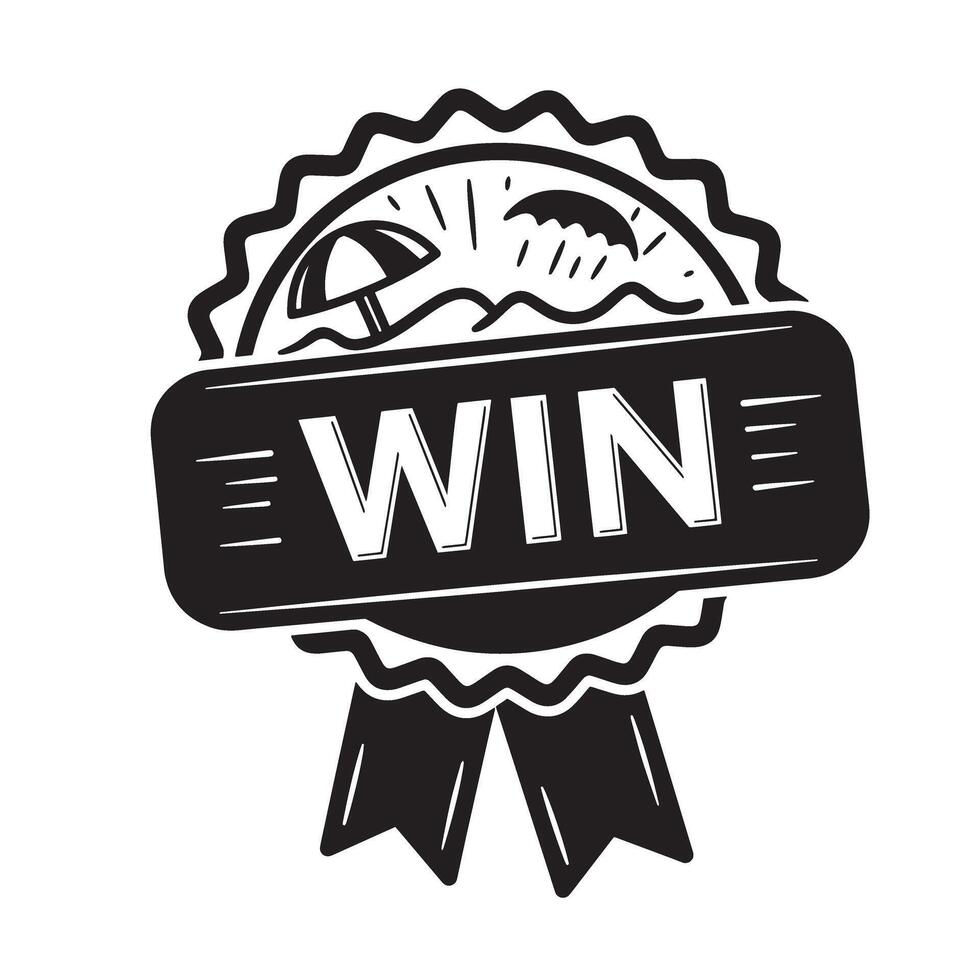 Black and white illustration of a win badge with beach scene and ribbons vector