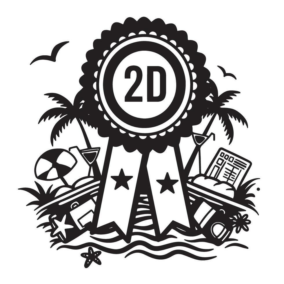 Black and white 2d award badge illustration with beach elements summer design concept vector