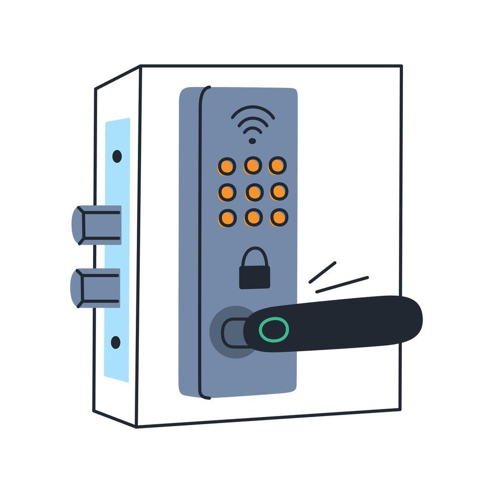 Flat cartoon illustration of smart door lock with digital keypad and Wi Fi control. Modern home security device for remote access, keyless entry, automation systems, apartment safety vector