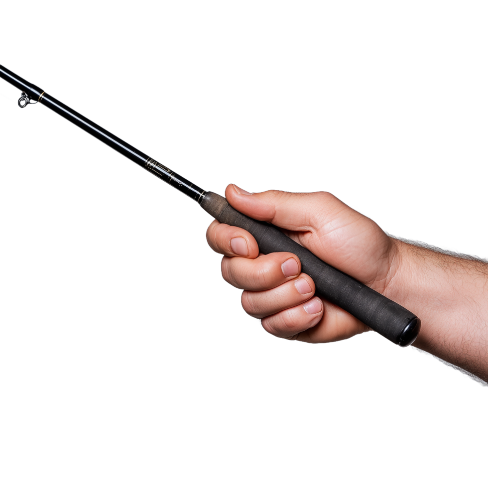 Close-up of a hand holding a fishing rod with a transparent background, showcasing a firm grip and ready for action in outdoor adventures png