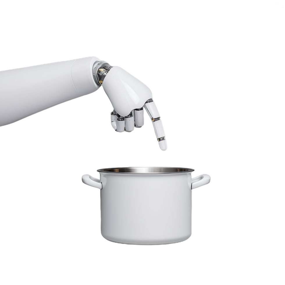 Robotic hand interacting with a cooking pot on a transparent background, showcasing futuristic technology and innovation in the culinary industry png