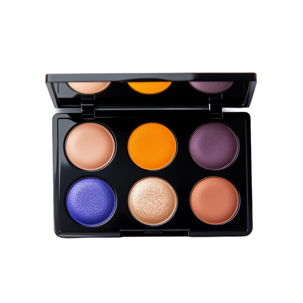 Colorful eyeshadow palette with vibrant orange, purple, and blue shades on a transparent background for makeup enthusiasts and beauty professionals png
