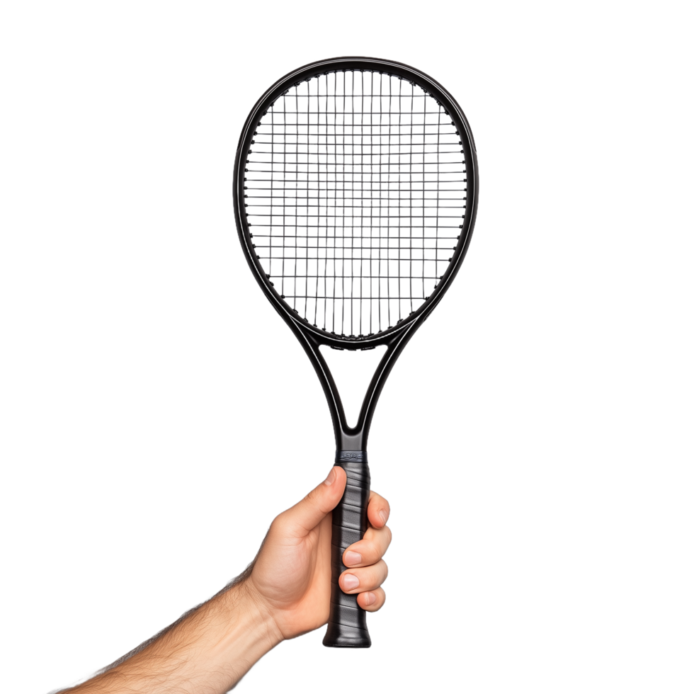 Hand holding a black tennis racket on transparent background showcasing sports equipment and athletic essentials png