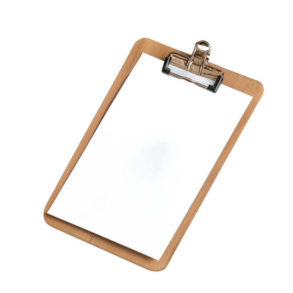 Wooden clipboard with blank paper and metal clip for organization and planning on a transparent background png