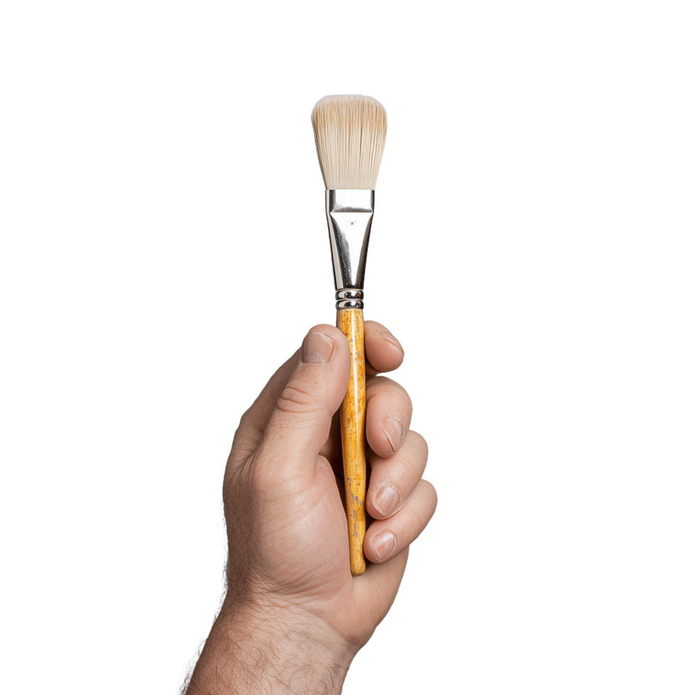 Close-up of hand holding a paintbrush on a transparent background, showcasing creativity and art supplies for painting projects and artistic expression. png