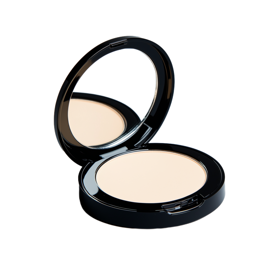 Elegant black compact powder case with mirror and beige makeup on a transparent background png