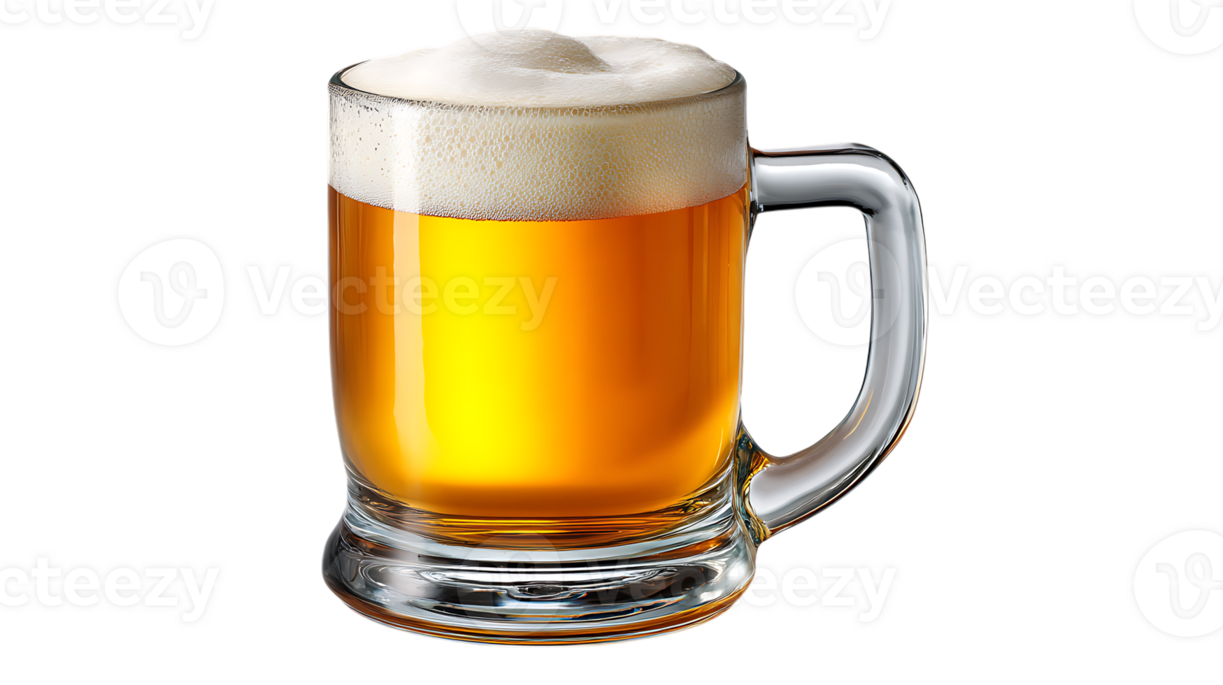 A refreshing golden lager beer filled to the brim with frothy white head in a glass mug isolated on transparent background png
