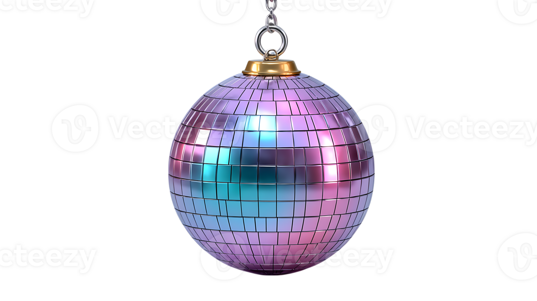 Shimmering disco ball with pink and teal hues hanging by a chain isolated on transparent background png
