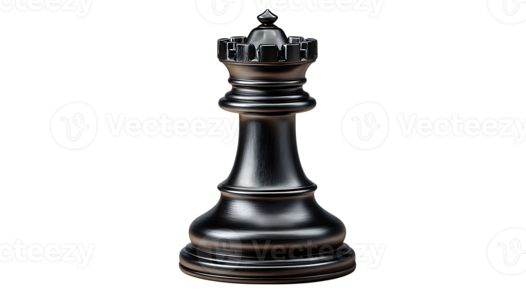 A detailed close up of a single black chess queen piece with a metallic finish isolated on transparent background png