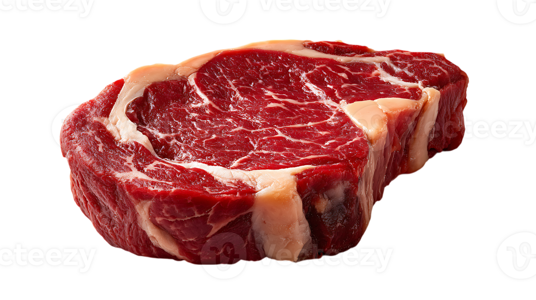 A thick cut prime ribeye steak with marbling and fat isolated on transparent background image png
