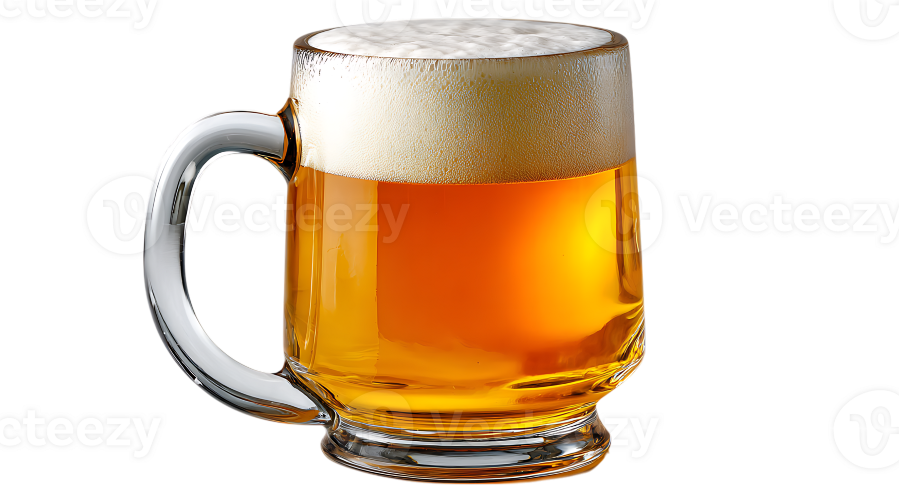 A refreshing glass mug filled with golden beer and frothy white head isolated on transparent background png