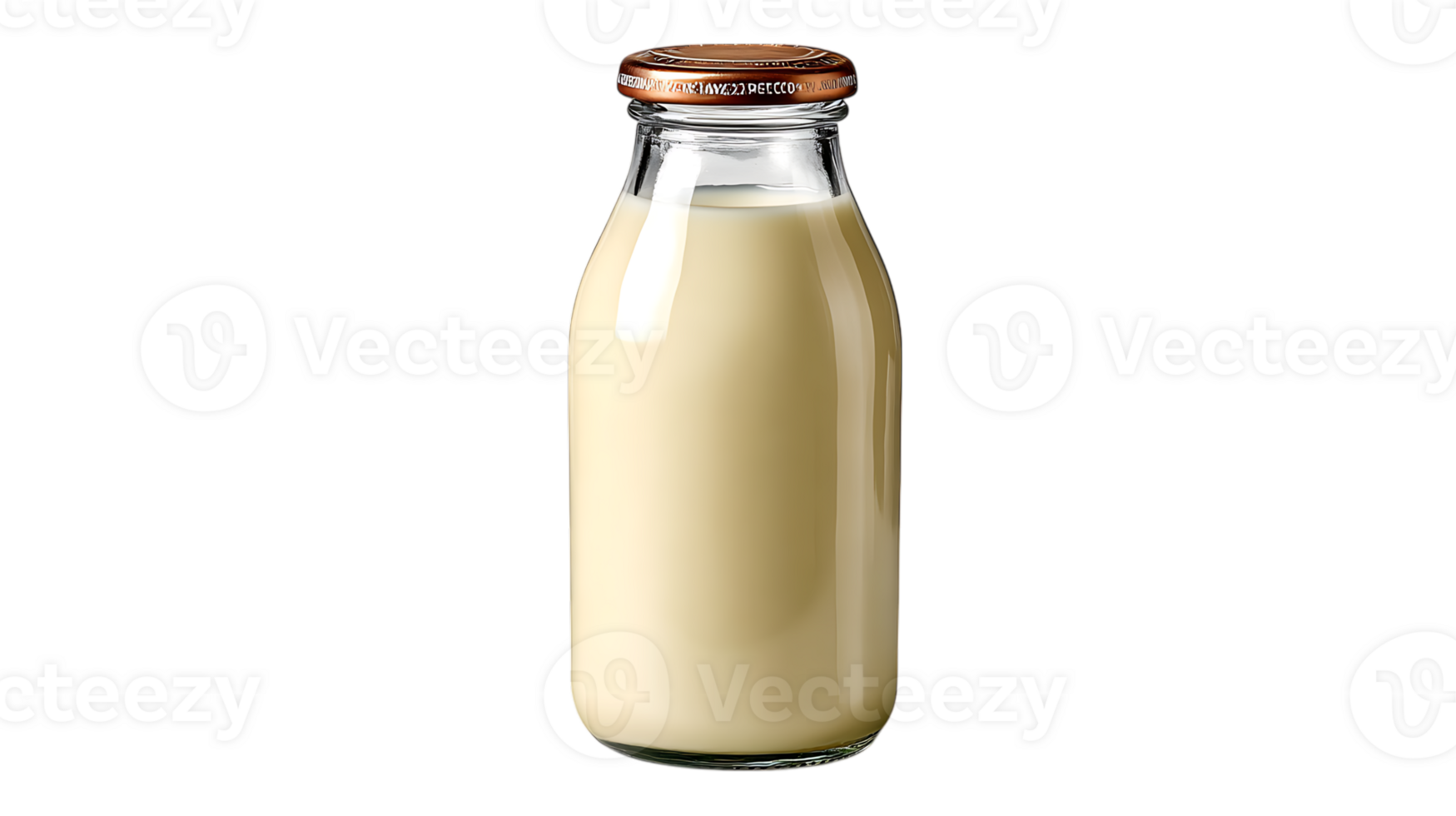A glass bottle filled with creamy yellow liquid and a copper colored cap isolated on transparent background png